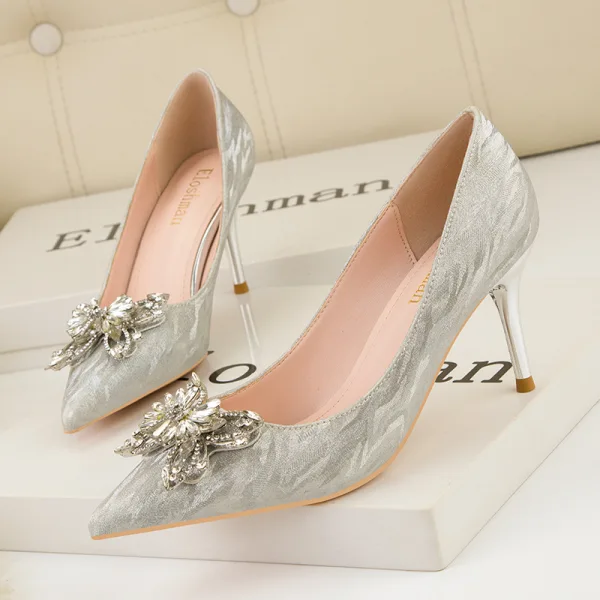 Charming Champagne Rhinestone Butterfly Evening Party Pumps High Heels 2022 7 cm Stiletto Heels Pointed Toe Pumps