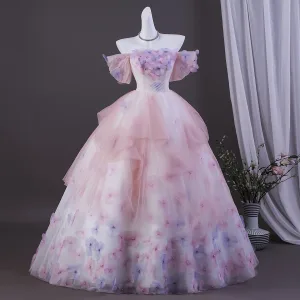 Fée Des Fleurs Rougissant Rose Perle Appliques Volants En Cascade Robe De Bal 2026 Robe Boule De L Épaule Manches Courtes Dos Nu