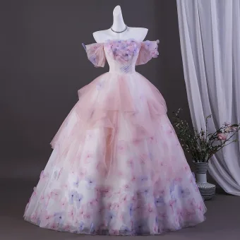 Fée Des Fleurs Rougissant Rose Perle Appliques Volants En Cascade Robe De Bal 2026 Robe Boule De L Épaule Manches Courtes Dos Nu