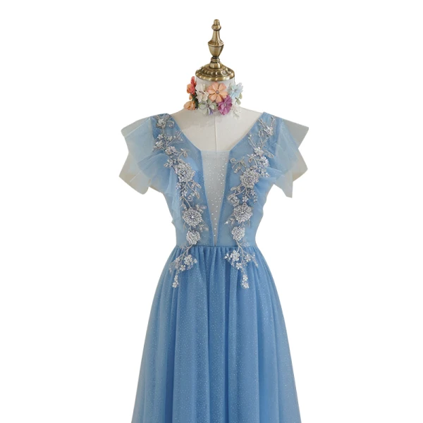 Chic / Beautiful Pool Blue Lace Flower Rhinestone Sequins Prom Dresses 2022 A-Line / Princess V-Neck Short Sleeve Backless Floor-Length / Long Prom Formal Dresses