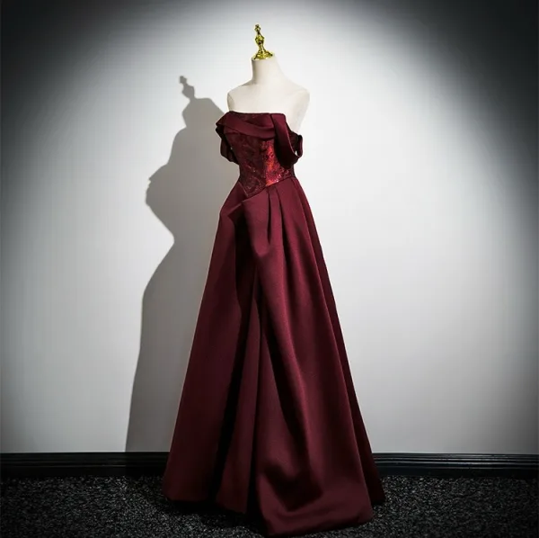 Vintage / Retro Burgundy Prom Dresses 2025 A-Line / Princess Strapless Sleeveless Backless Floor-Length / Long Prom Formal Dresses