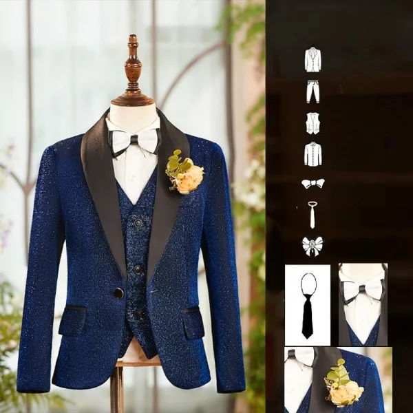 Fall Winter Navy Blue Long Sleeve 6-piece Boys Wedding Suits 2025 Body Jewellery Coat Pants Shirt Tie Vest