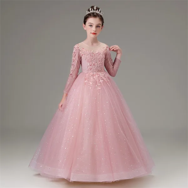 Elegant Blushing Pink Beading Rhinestone Lace Flower Birthday Flower Girl Dresses 2025 Ball Gown Scoop Neck Long Sleeve Floor-Length / Long