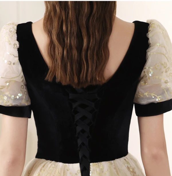 Bling Bling Black Sequins Prom Dresses 2024 A-Line / Princess Square Neckline Short Sleeve Backless Floor-Length / Long Prom Formal Dresses