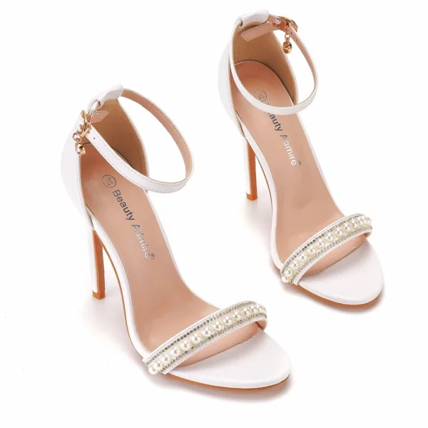 Sexy White Pearl Rhinestone Ankle Strap Wedding Shoes 2025 11 cm Stiletto Heels Open / Peep Toe Wedding Sandals High Heels