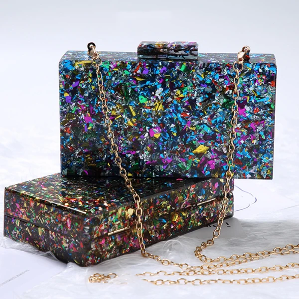 Fancy Sky Blue Multi-Colors Sequins Evening Party Acrylic Clutch Bags 2023
