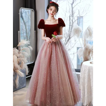 Audrey Hepburn Style Burgundy Suede Prom Dresses 2022 A Line Princess Square Neckline Puffy Short Sleeve Star Sequins Bow Sash Backless Floor Length Long Prom Formal Dresses