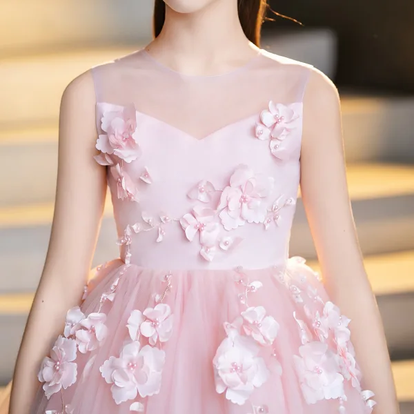 Flower Fairy Blushing Pink Pearl Appliques Birthday Flower Girl Dresses 2025 Ball Gown Scoop Neck Sleeveless Backless Floor-Length / Long