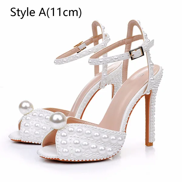 Elegant Beige Pearl Wedding Shoes 2024 11 cm Stiletto Heels Ankle Strap Open / Peep Toe Wedding Sandals High Heels
