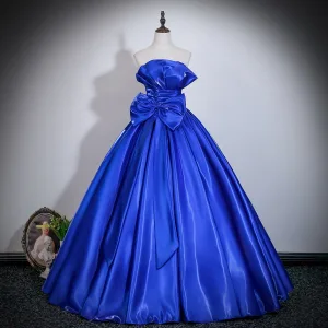 Vintage Retro Royal Blue Bow Prom Dresses 2026 Ball Gown Strapless Sleeveless Backless Floor Length Long Formal Dresses