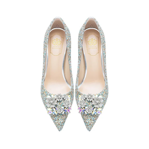 Scintillantes Paillettes Faux Diamant Argenté Chaussure De Mariée 2022 Cuir 8 cm Talons Aiguilles À Bout Pointu Mariage Escarpins Talons Hauts
