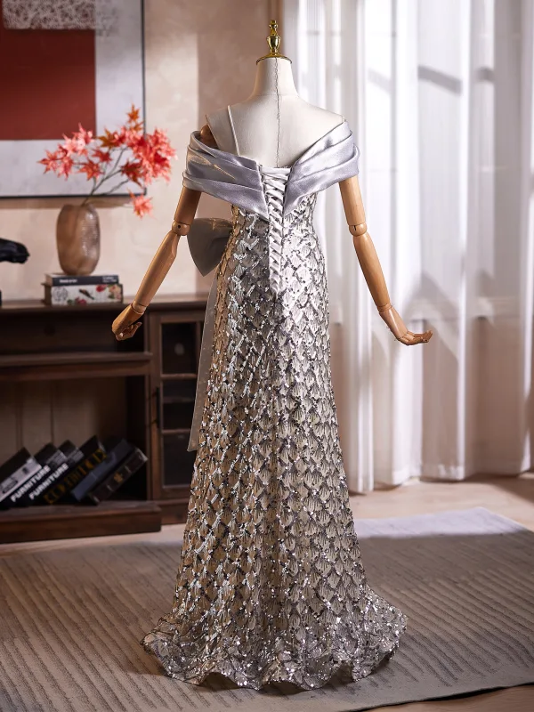 Scintillantes Argenté Noeud Paillettes Robe De Bal 2026 Trompette / Sirène De l'épaule Manches Courtes Dos Nu Longue Robe De Ceremonie
