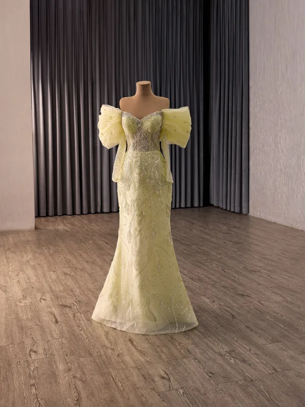 High End Gelb Fallende Rüsche Handgefertigt Perlenstickerei Perle Pailletten Ballkleider 2026 Meerjungfrau Off Shoulder Lange Ärmel Rückenfreies Sweep / Pinsel Zug Festliche Kleider