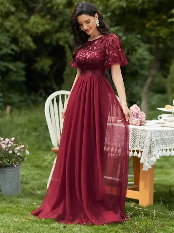 Vintage / Retro Navy Blue Lace Flower Sequins Prom Dresses 2023 A-Line / Princess Scoop Neck Short Sleeve Floor-Length / Long Prom Formal Dresses