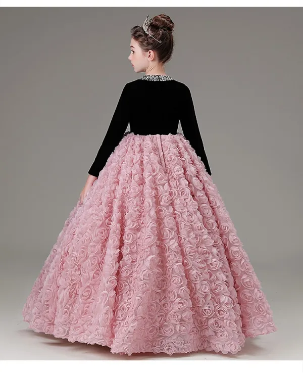 Chic / Beautiful Blushing Pink Appliques Sequins Birthday Flower Girl Dresses 2025 Ball Gown Scoop Neck Long Sleeve Floor-Length / Long