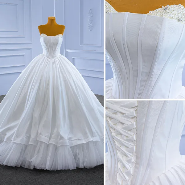 High-end White Pearl Wedding Dresses 2022 Ball Gown Strapless Sleeveless Backless Court Train Wedding