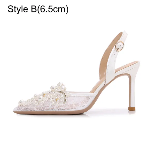Charming White Lace Flower Rhinestone Pearl Wedding Shoes 2023 8 cm Stiletto Heels Pointed Toe Wedding Sandals High Heels