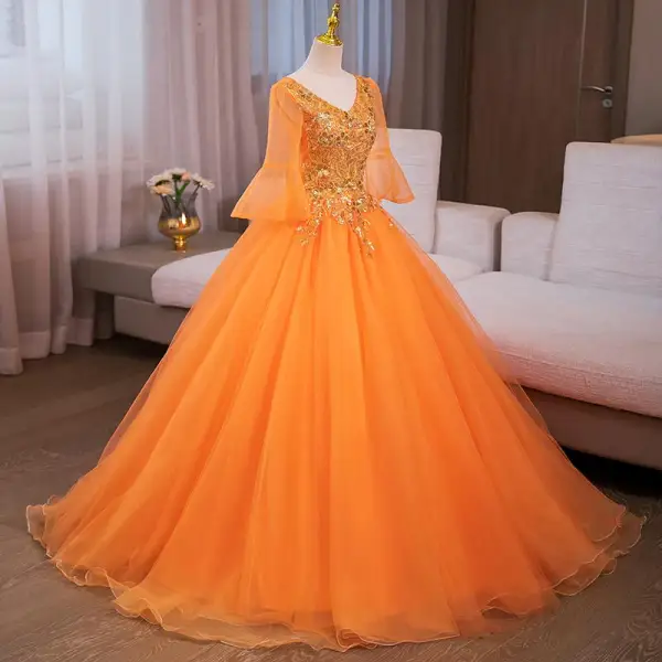 Chic / Beautiful Ocean Blue Sequins Prom Dresses 2024 Ball Gown V-Neck Bell sleeves Backless Floor-Length / Long Tulle Prom Formal Dresses