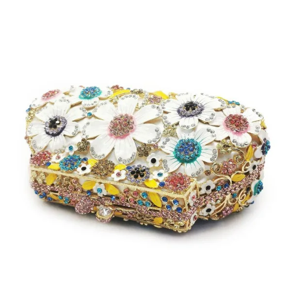 Snygga / Fina Multi-Färger Rhinestone Blomma Gul Trädgård / Utomhus Metall Kuvertväska 2022