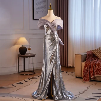 Sparkly Silver Split Front Sequins Evening Dresses 2024 Trumpet Mermaid One Shoulder Sleeveless Backless Sweep Train Evening Party Formal Dresses