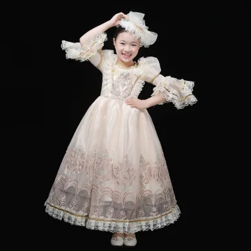Vintage Originale Médiévale Champagne Robe Ceremonie Fille 2024 Dentelle 3d Impression Longue Col Haut 1 2 Manches Princesse Mariage Cosplay Promo Robe Boule Robe Pour Mariage