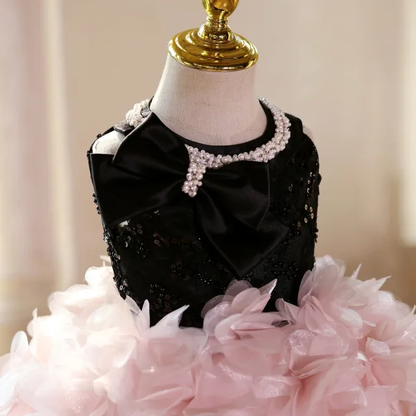 Lovely Blushing Pink Pearl Sequins Appliques Birthday Short Flower Girl Dresses 2025 Ball Gown Scoop Neck Bow Sleeveless Backless