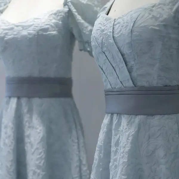 Modest / Simple Sky Blue Bridesmaid Dresses 2022 A-Line / Princess Short Sleeve Backless Tea-length Bridesmaid Dresses