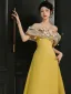 Vintage Gelb Applikationen Ballkleider 2025 A Linie Off Shoulder Kurze Ärmel Rückenfreies Sweep / Pinsel Zug Ball Festliche Kleider