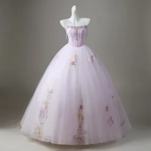Elegant Lavender Pearl Rhinestone Sequins Flower Prom Dresses 2026 Ball Gown Strapless Sleeveless Backless Floor Length Long Formal Dresses