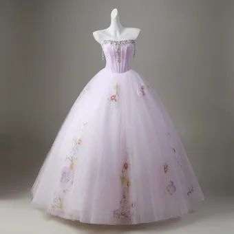 Elegant Lavender Pearl Rhinestone Sequins Flower Prom Dresses 2026 Ball Gown Strapless Sleeveless Backless Floor Length Long Formal Dresses