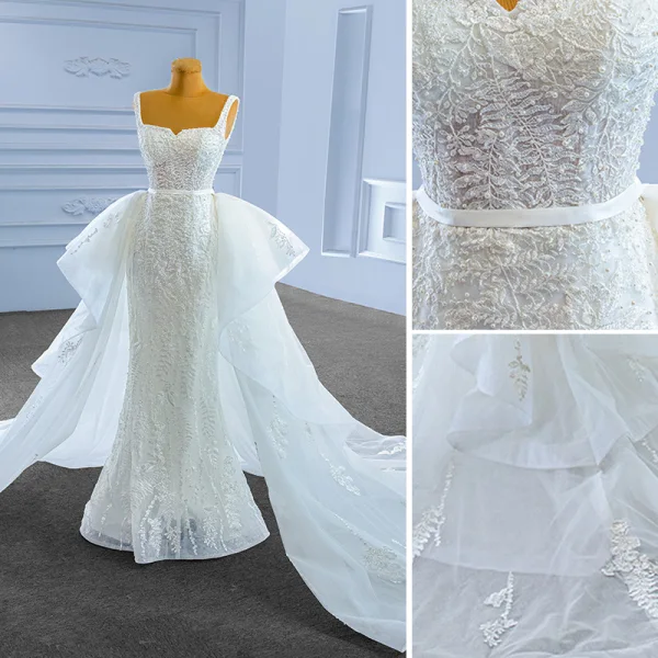 Haut de Gamme Ivoire Perle En Dentelle Fleur Robe De Mariée 2023 Trompette / Sirène Encolure Carrée Sans Manches Ceinture Dos Nu Tribunal Train Mariage