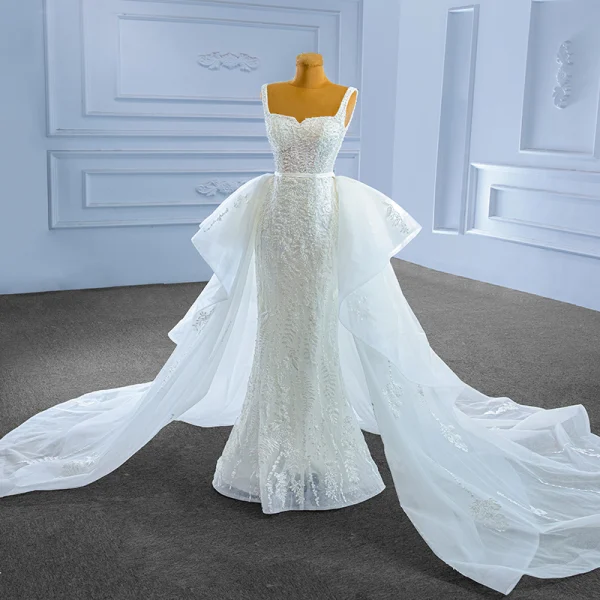 Haut de Gamme Ivoire Perle En Dentelle Fleur Robe De Mariée 2023 Trompette / Sirène Encolure Carrée Sans Manches Ceinture Dos Nu Tribunal Train Mariage