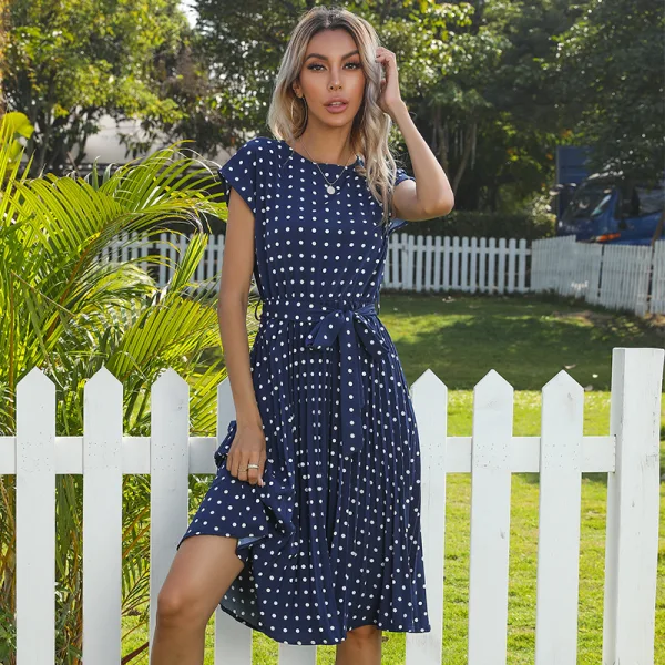 Romantic Regular Dark Green Polka Dot Beach Short Sleeve Maxi Dresses 2021 Street Wear Scoop Neck Summer Womens Clothing
