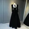 Sexy Black Suede Evening Dresses 2023 A-Line / Princess Strapless Rhinestone Sleeveless Backless Bow Floor-Length / Long Evening Party Formal Dresses