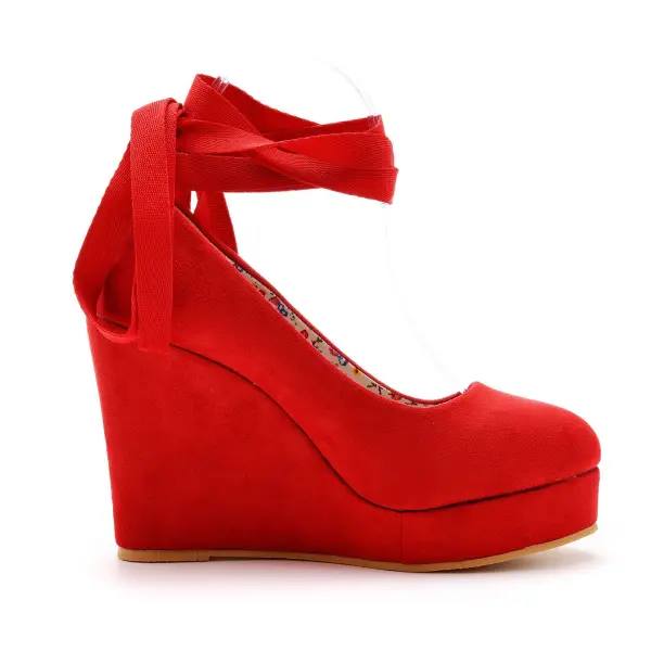 Romain Rouge Bride Cheville Imperméables Promo Chaussures Femmes 2025 11 cm Compensées À Bout Rond Chaussures Femmes