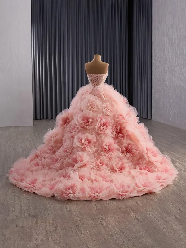 Luxury / Gorgeous Flower Fairy Blushing Pink Handmade  Beading Pearl Sequins Appliques Prom Dresses 2025 Ball Gown Strapless Sleeveless Backless Chapel Train
