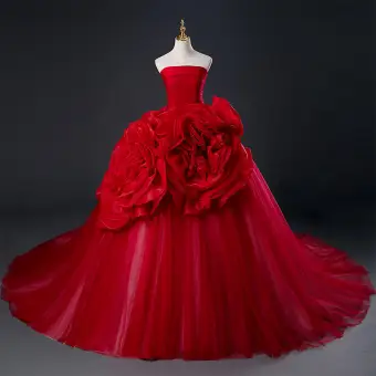 Classique Rouge Fleur Robe De Mariée 2022 Robe Boule Bustier Sans Manches Dos Nu Chapel Train Mariage