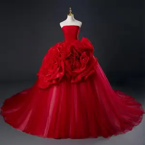 Klassisch Rot Blumen Brautkleider Hochzeitskleider 2022 Ballkleid Bandeau Ärmellos Rückenfreies Kapelle Schleppe Hochzeit