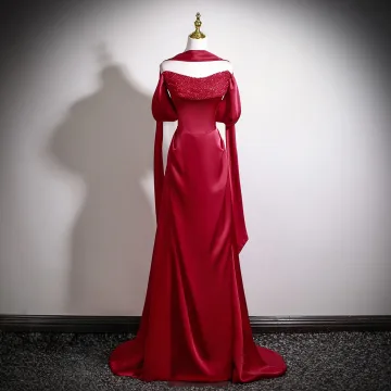 Vintage Retro Burgundy Satin Prom Dresses 2026 A Line Princess Strapless Sleeveless Backless Sweep Train Prom Formal Dresses