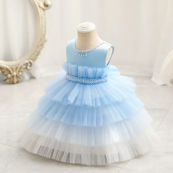 Chic / Beautiful Sky Blue Cascading Ruffles Birthday Flower Girl Dresses 2023 Ball Gown Scoop Neck Sleeveless Pearl Sash Floor-Length / Long Flower Girl Dresses