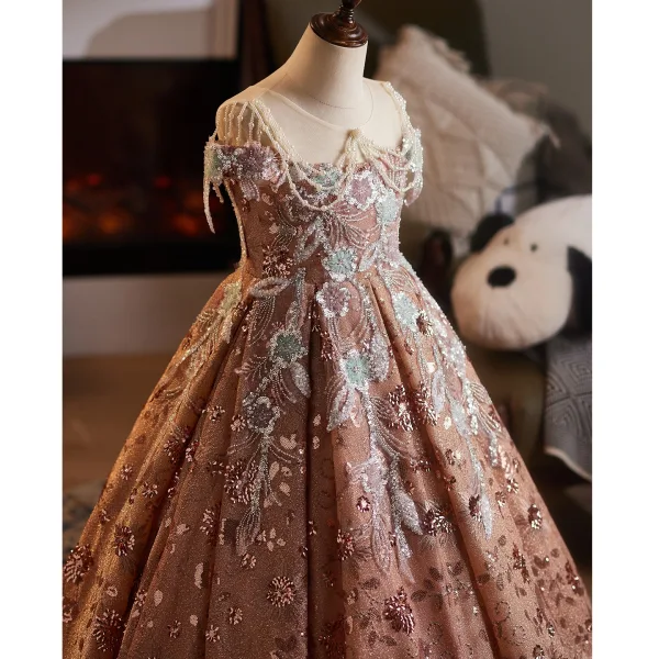 Charming Tan Beading Pearl Sequins Birthday Flower Girl Dresses 2025 Ball Gown Scoop Neck Sleeveless Floor-Length / Long