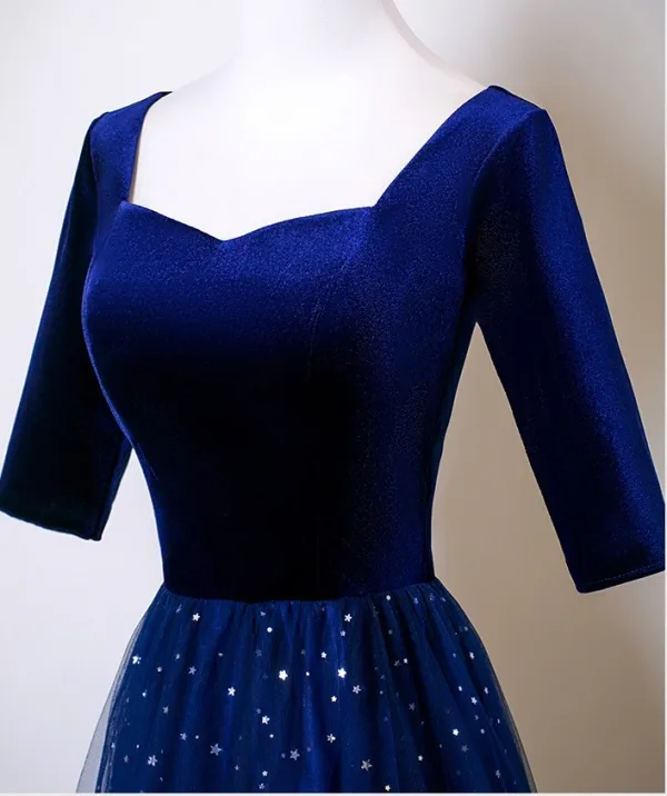 Vintage / Retro Navy Blue Star Sequins Floor-Length / Long Mother Of The Bride Dresses 2025 A-Line / Princess Square Neckline Short Sleeve Backless