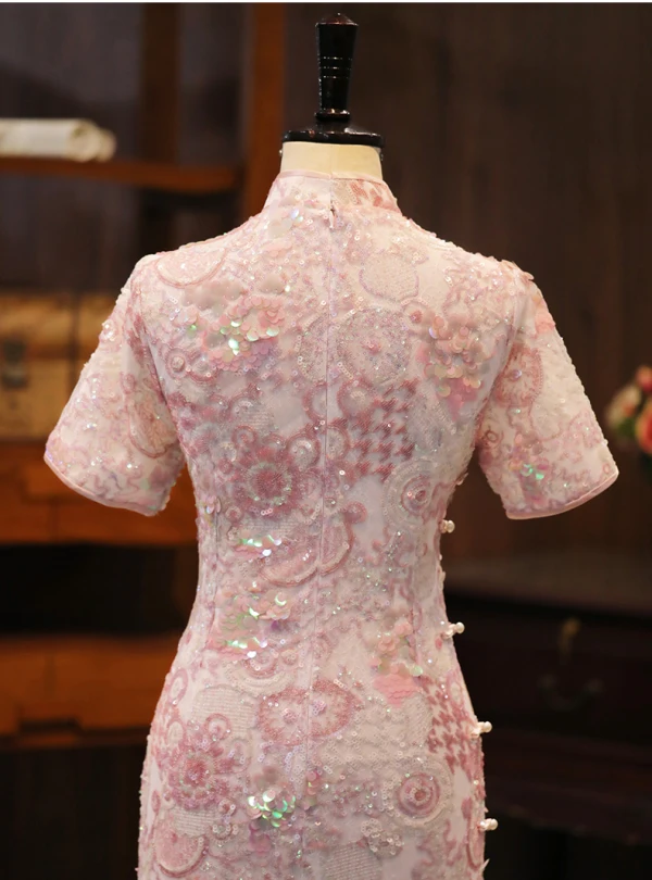 Bling Bling Blushing Pink Lace Sequins Evening Party Cheongsam 2024 Trumpet / Mermaid High Neck Short Sleeve Tea-length