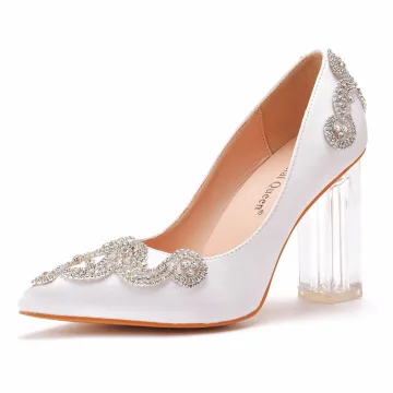 Mote Hvit Rhinestone Brudesko 2022 9 Cm Krystall Tykk Hæler Spisse Bryllup Pumps Høyhælte