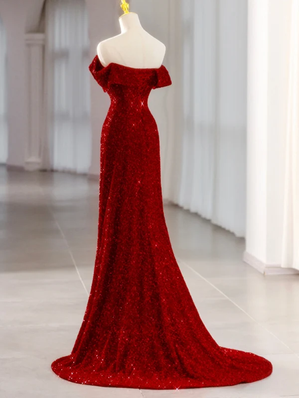 Sexy Glitzernden Burgunderrot Pailletten Gespaltete Front Abendkleider 2023 Meerjungfrau Bandeau Ärmellos Rückenfreies Sweep / Pinsel Zug Festliche Kleider