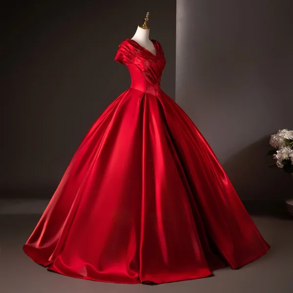 Chic / Beautiful Red Beading Prom Dresses 2025 Ball Gown V-Neck Short Sleeve Backless Floor-Length / Long Formal Dresses