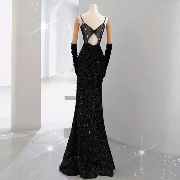 Sexy Black Beading Pearl Sequins Evening Dresses 2023 Trumpet / Mermaid Spaghetti Straps Sleeveless Backless Floor-Length / Long Evening Party Formal Dresses