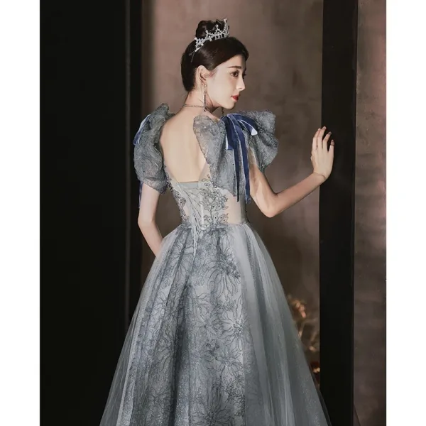 Chic / Beautiful Grey Sequins Prom Dresses 2026 A-Line / Princess V-Neck Puffy Short Sleeve Backless Floor-Length / Long Formal Dresses