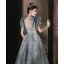 Chic / Beautiful Grey Sequins Prom Dresses 2026 A-Line / Princess V-Neck Puffy Short Sleeve Backless Floor-Length / Long Formal Dresses