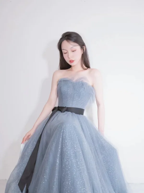 Chic / Beautiful Ocean Blue Glitter Bow Sash Prom Dresses 2025 A-Line / Princess Strapless Sleeveless Backless Floor-Length / Long Prom Formal Dresses